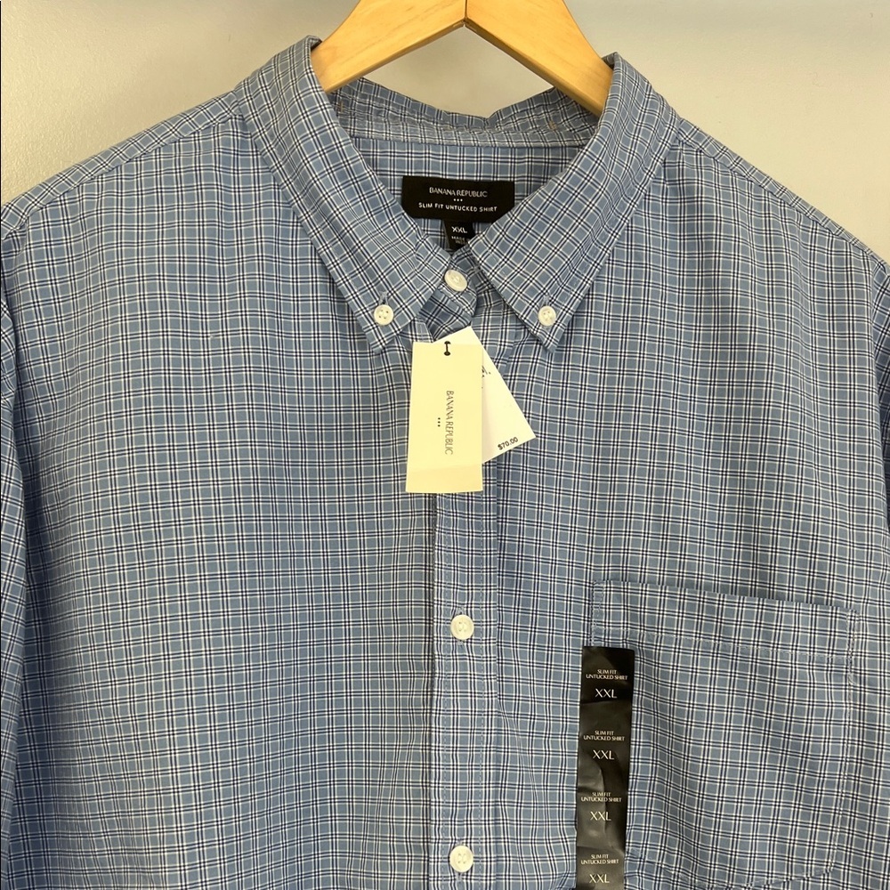NWT Banana Republic Men's Blue Plaid Cotton  Button-Down Shirt Sz XXL